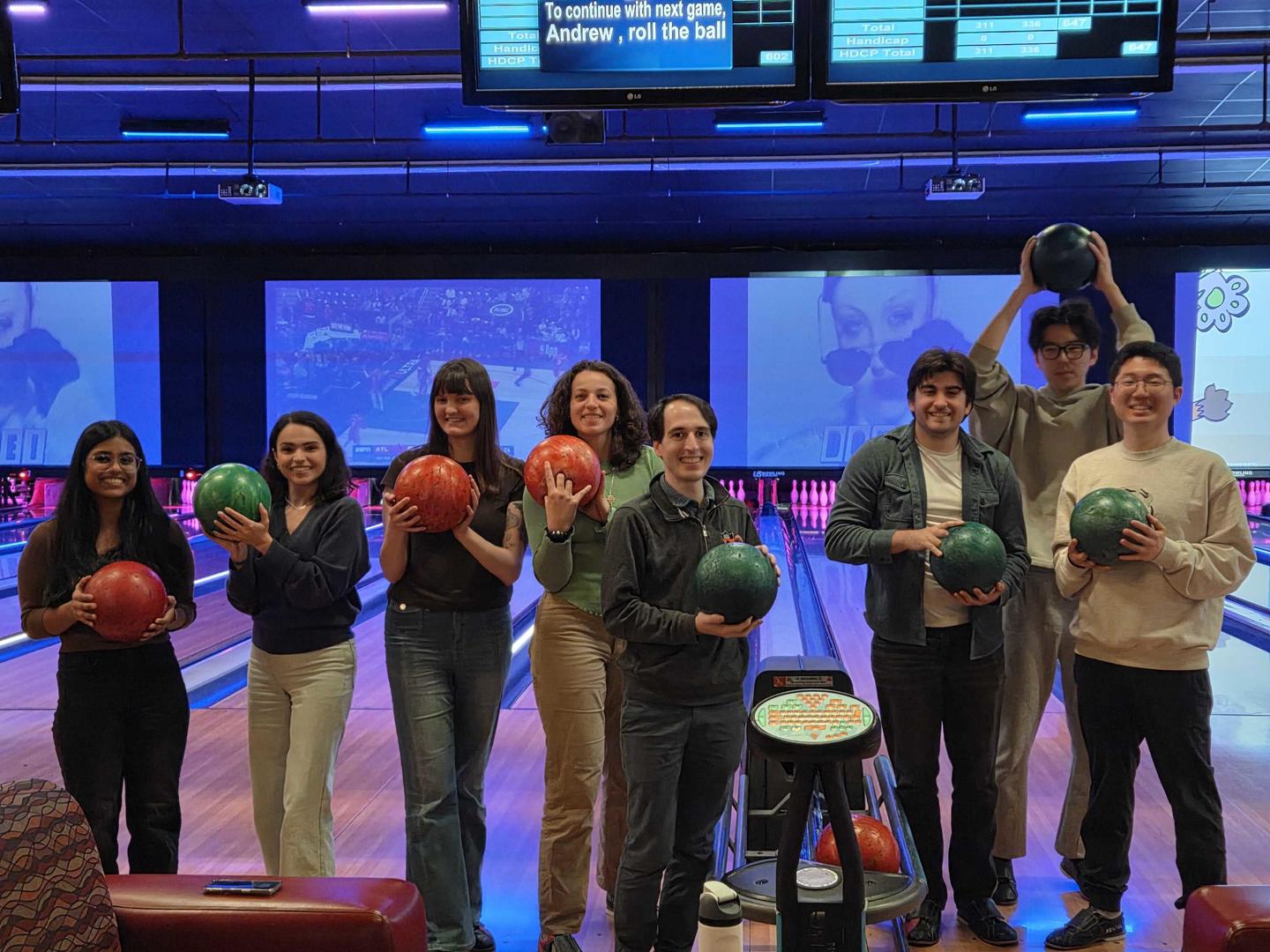 Rosen Research Group members at a bowling alley